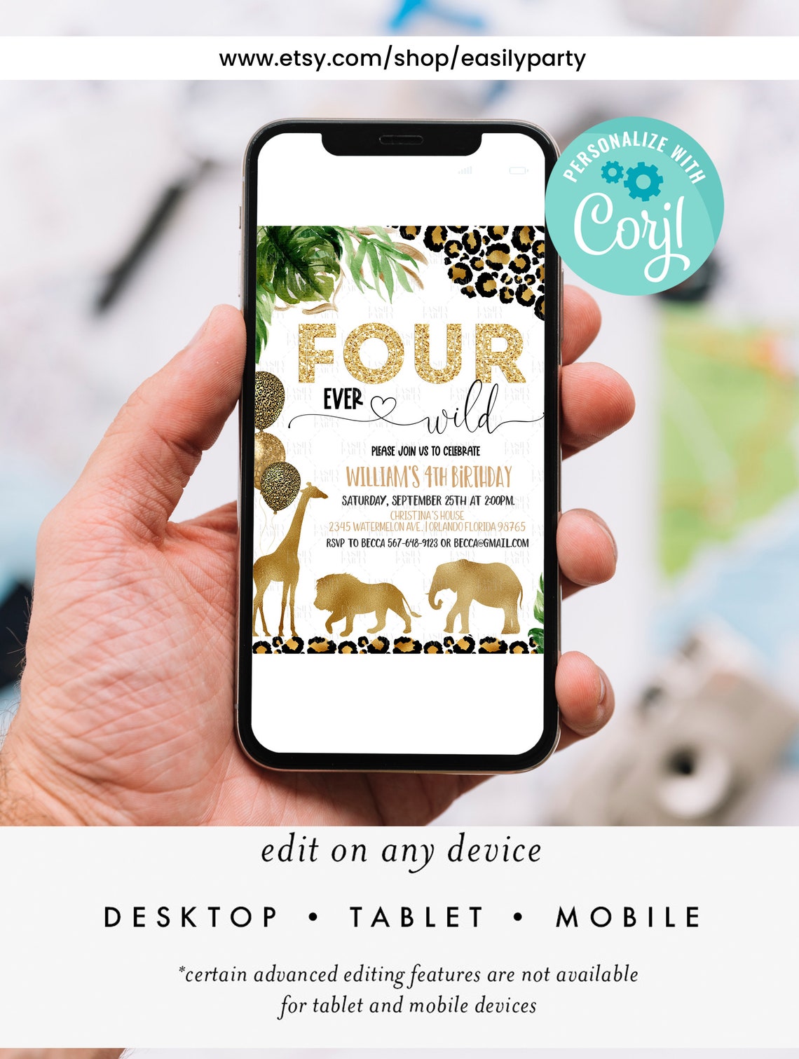 Editable Four Ever Wild Leopard Print Jungle Birthday Party Invitation