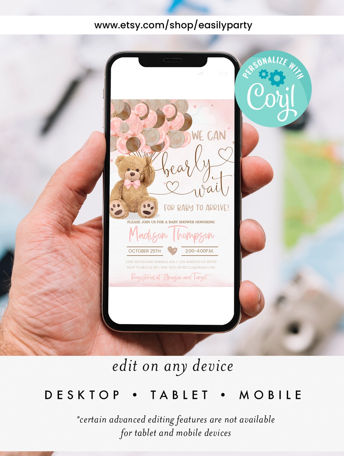 Editable Teddy Bear Baby Shower Invitation Set Bear Themed Invite Bundle, Printable BearBalloons Invitations Package, Pack template download