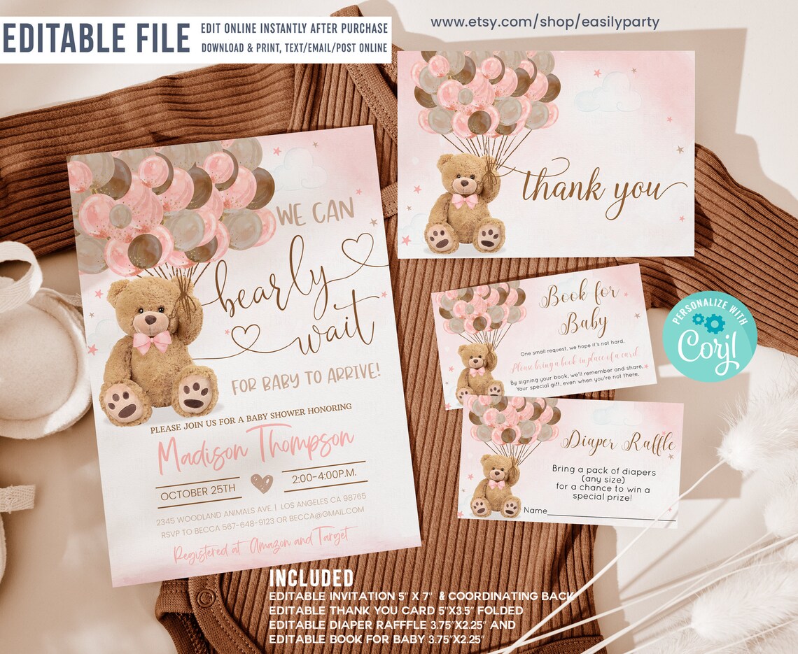 Editable Teddy Bear Baby Shower Invitation Set Bear Themed Invite Bundle, Printable BearBalloons Invitations Package, Pack template download