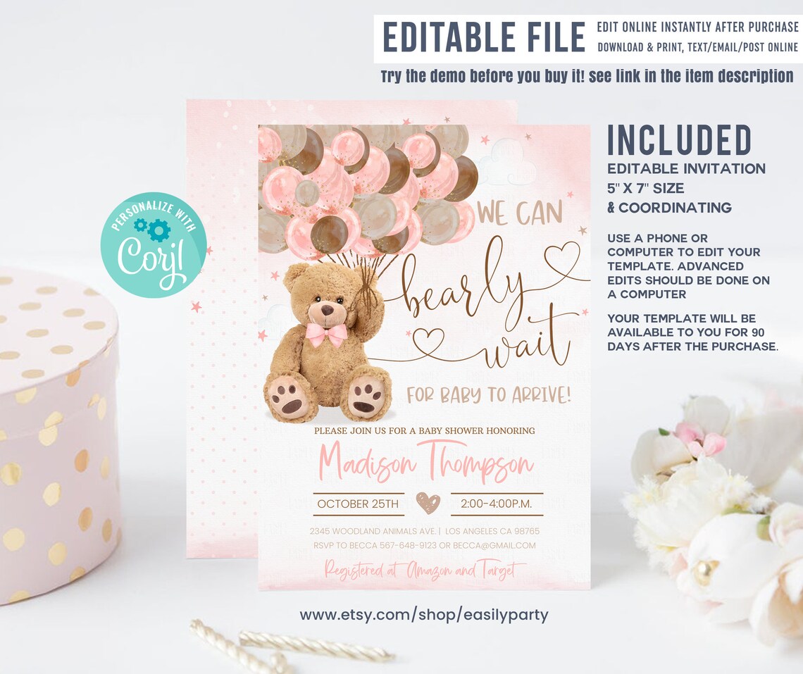 Editable Teddy Bear Baby Shower Invitation Set Bear Themed Invite Bundle, Printable BearBalloons Invitations Package, Pack template download