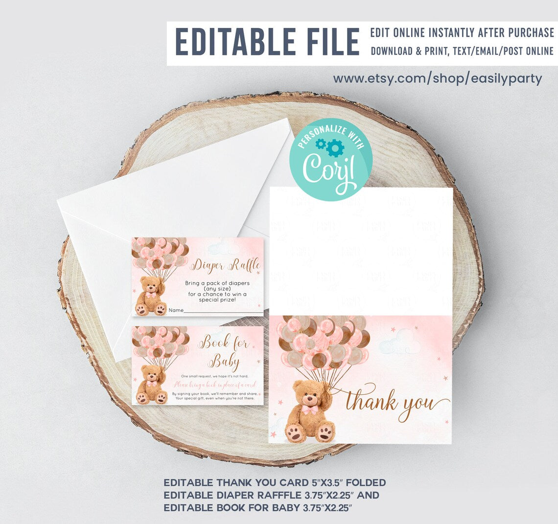 Editable Teddy Bear Baby Shower Invitation Set Bear Themed Invite Bundle, Printable BearBalloons Invitations Package, Pack template download