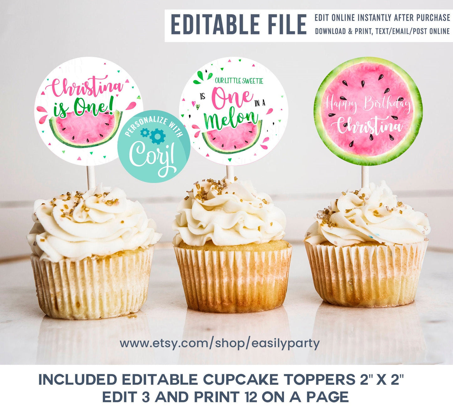 Editable Watermelon Cupcake Toppers