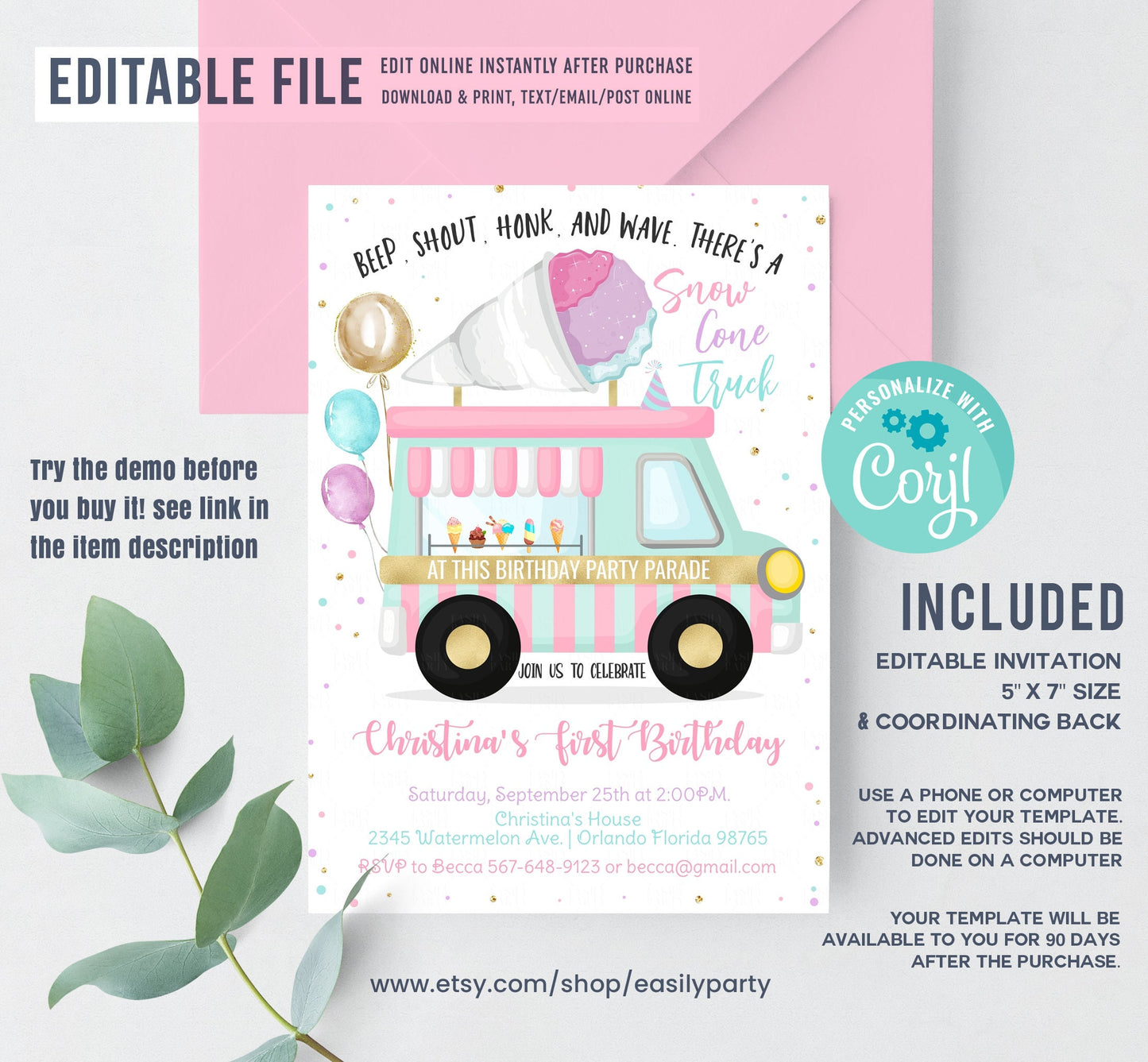 Editable Snow Cone Birthday Parade Invitation