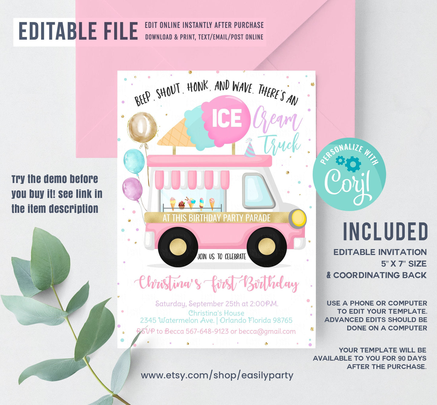 Editable Ice Cream Drive By Birthday Parade Invitation