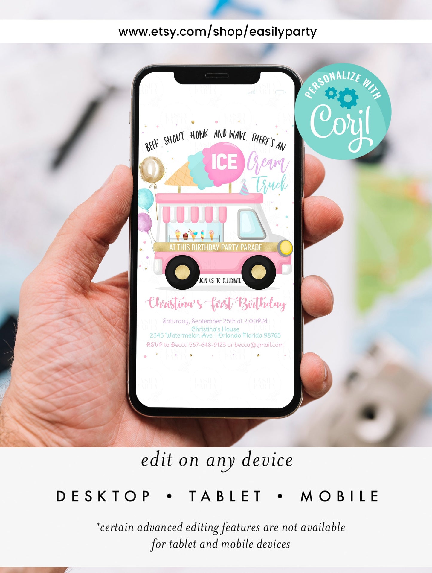 Editable Ice Cream Drive By Birthday Parade Invitation