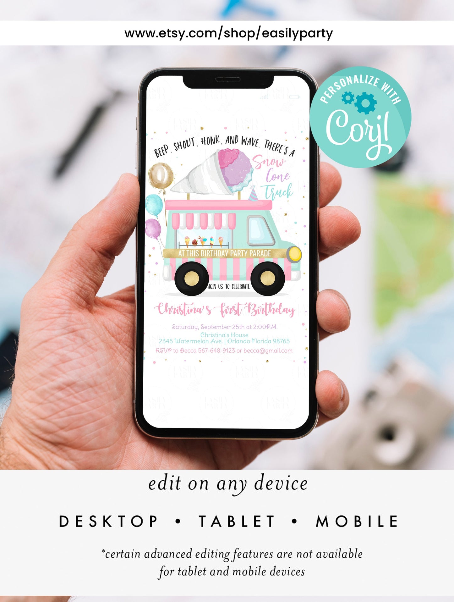 Editable Snow Cone Birthday Parade Invitation