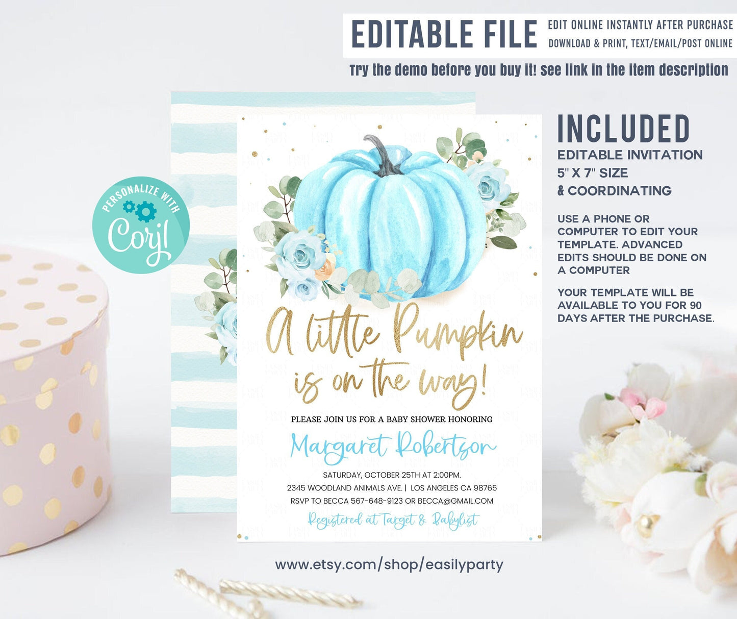 Editable Little Pumpkin Baby Shower Invitation