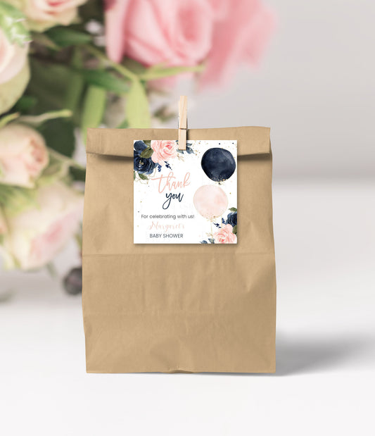 Editable Navy And Blush Floral Baby Shower Favor Tags