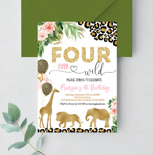 Editable Four Ever Wild Leopard Print Jungle Birthday Party Invitation