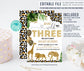 Editable Young Wild And Three Leopard Print Safari Animals Birthday Party Invitation