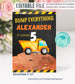 Editable Yellow Black Dump Truck, Construction Birthday Invitation