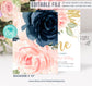 Editable Blush Navy Gold Floral First Birthday Invitation