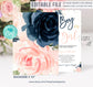 Editable Navy And Blush Floral Baby Shower Invitation Set