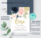 Editable Blush Navy Gold Floral First Birthday Invitation